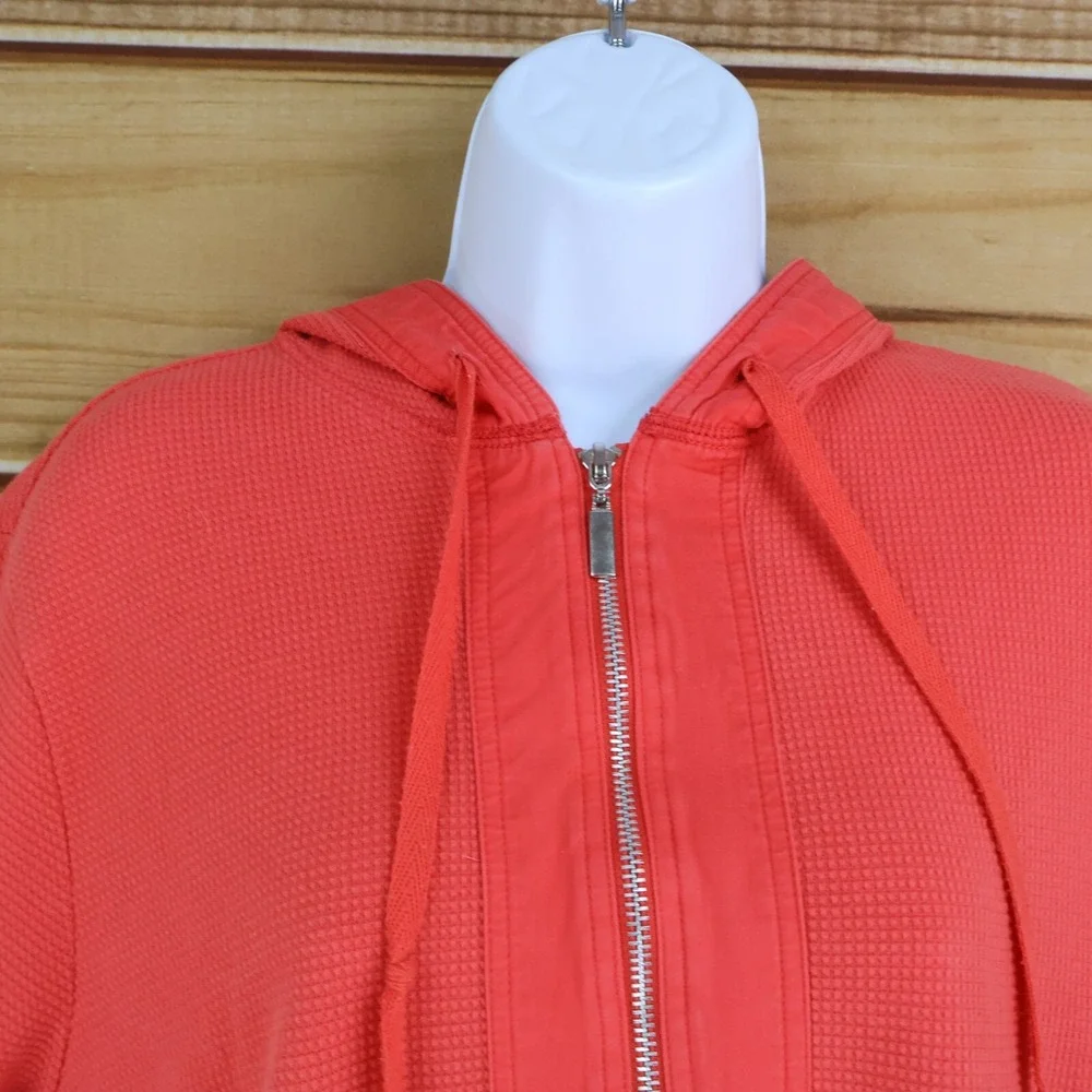 Studio Works Full Zip Jacket Womens Sz PL Orange 3/4 Sleeves Hooded Pockets Knit